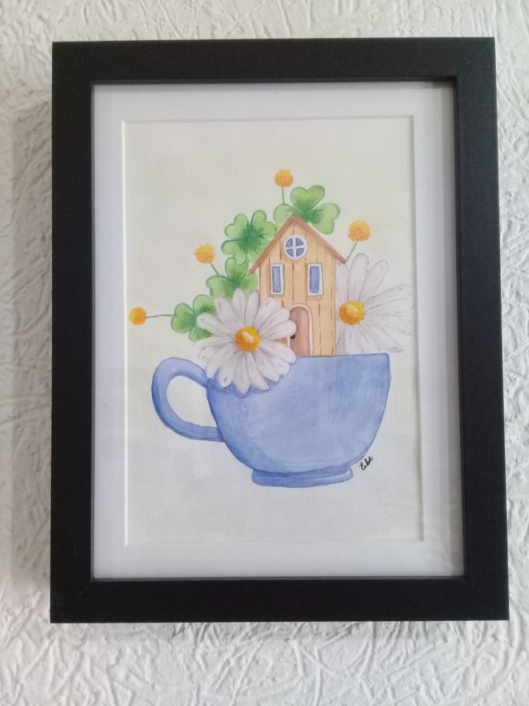 Obra enmarcada: planta en taza